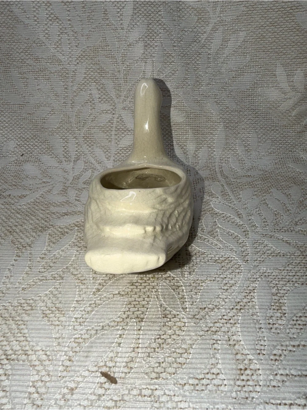 Vintage Ceramic Crackled Glazed White Duck Black Bill Planters Pot Cottagecore
